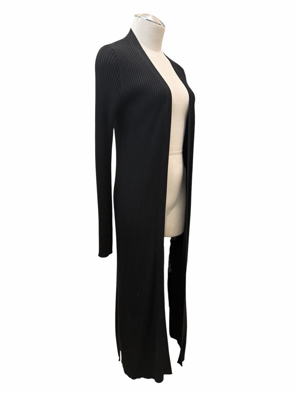 White House Black Market Ribbed Long Duster Cardigan WHBM Open Front Black M - Picture 7 of 12